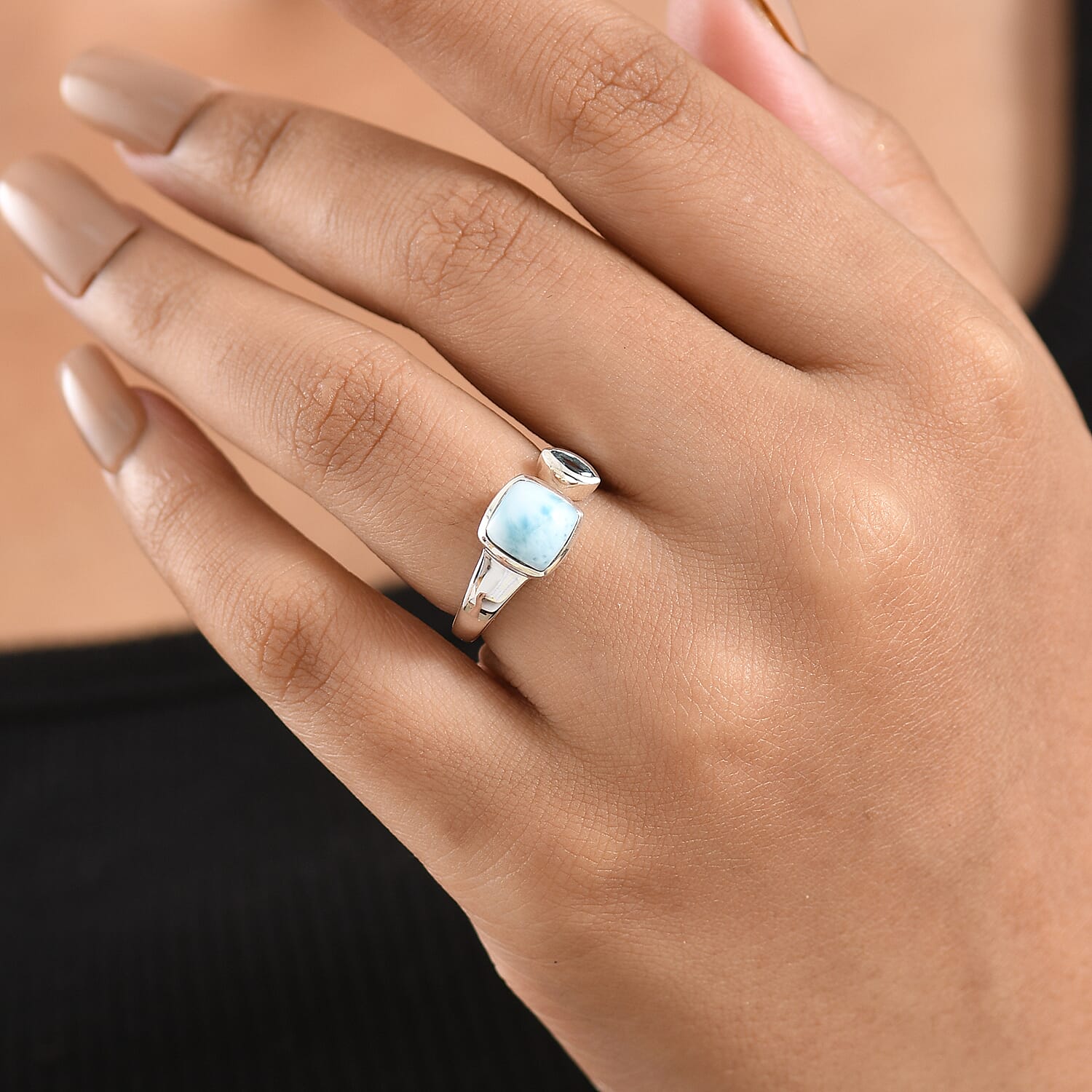 D'Joy - Larimar & Swiss Blue Topaz Adjustable Ring in Platinum Overlay Sterling Silver 2.20 Ct.