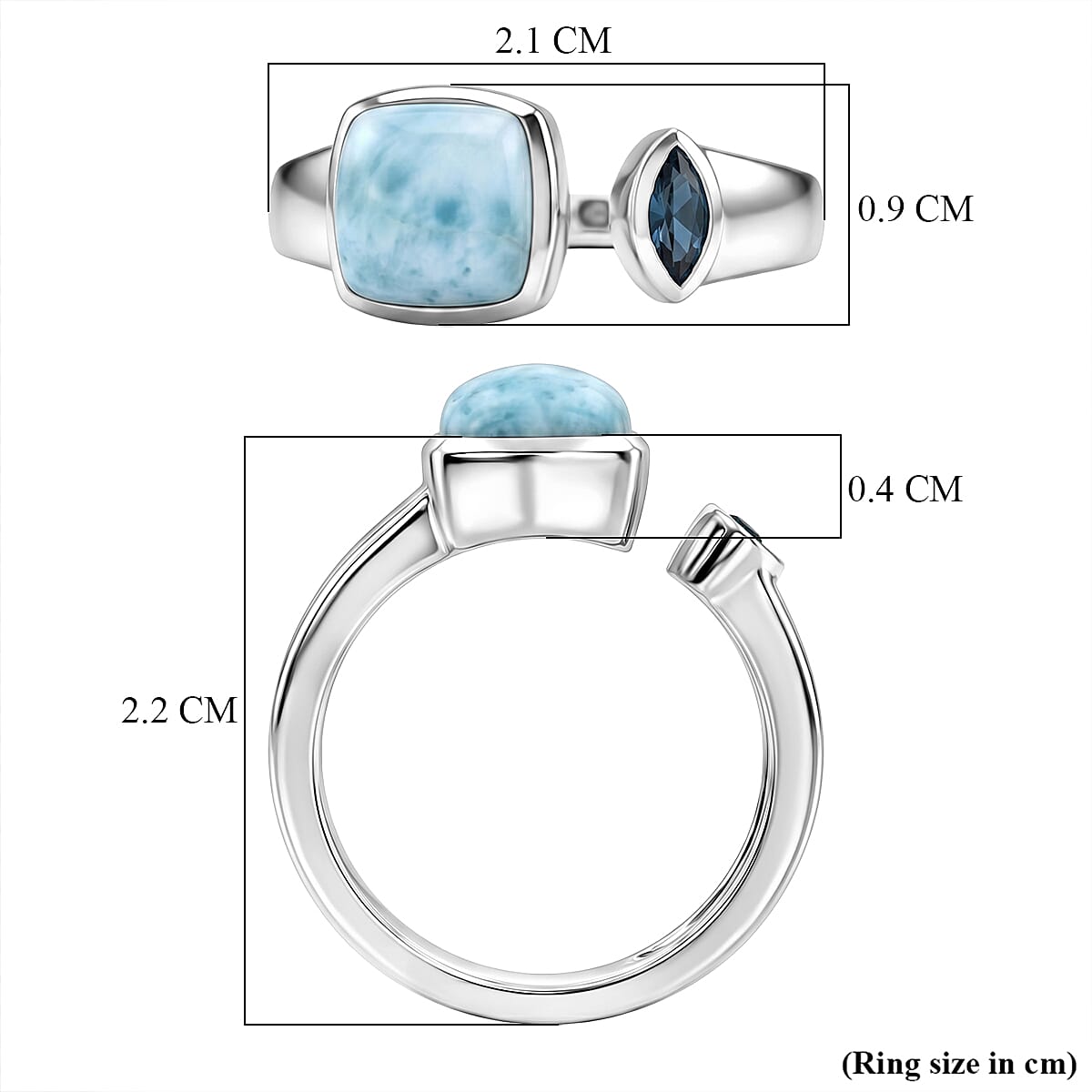 D'Joy - Larimar & Swiss Blue Topaz Adjustable Ring in Platinum Overlay Sterling Silver 2.20 Ct.