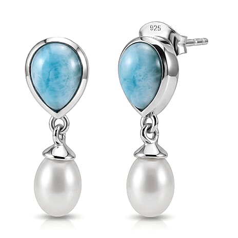 D'Joy - Larimar & Fresh Water Pearl Dangling Earring with Push Post in Platinum Overlay Sterling Silver 7.90 Ct.