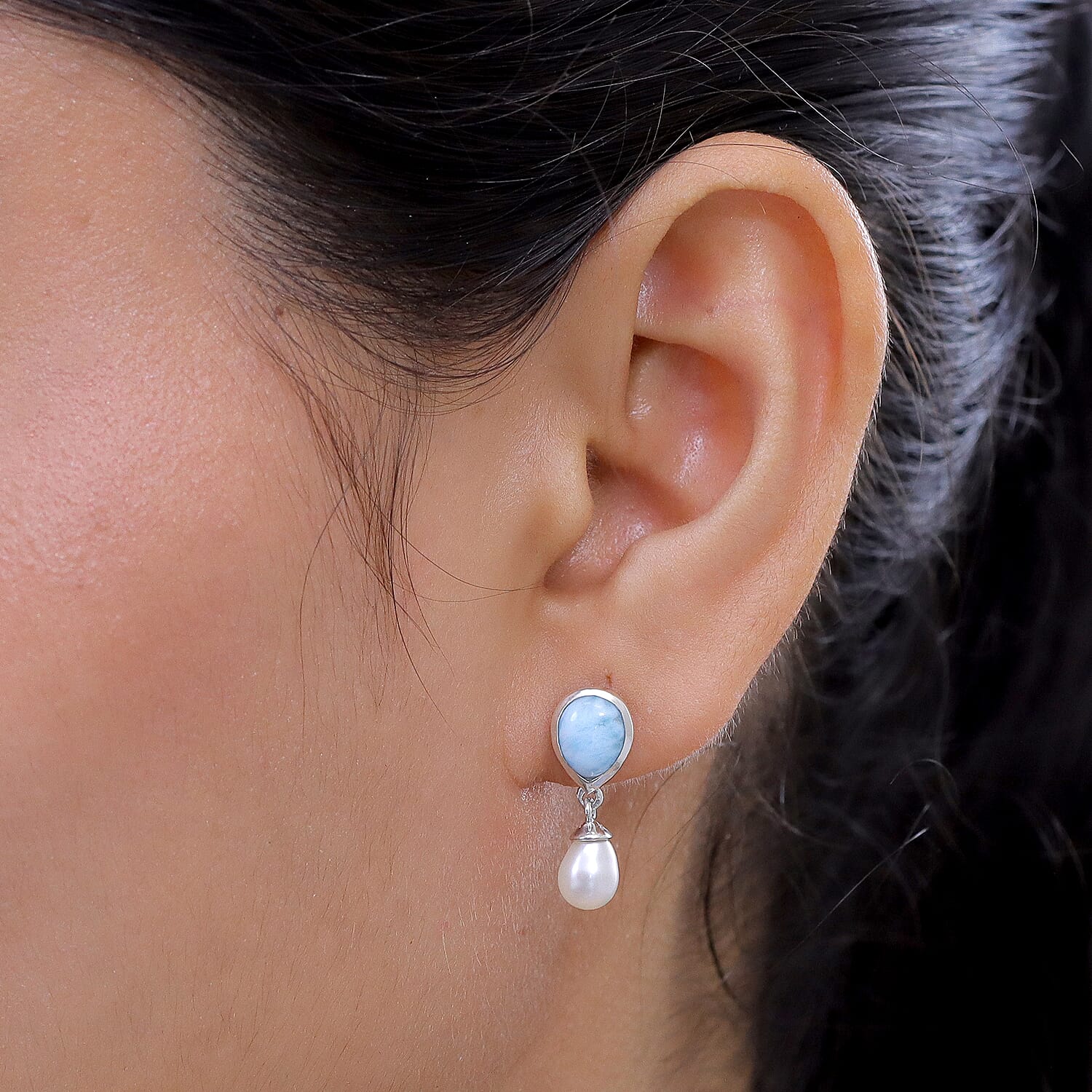 D'Joy - Larimar & Fresh Water Pearl Dangling Earring with Push Post in Platinum Overlay Sterling Silver 7.90 Ct.