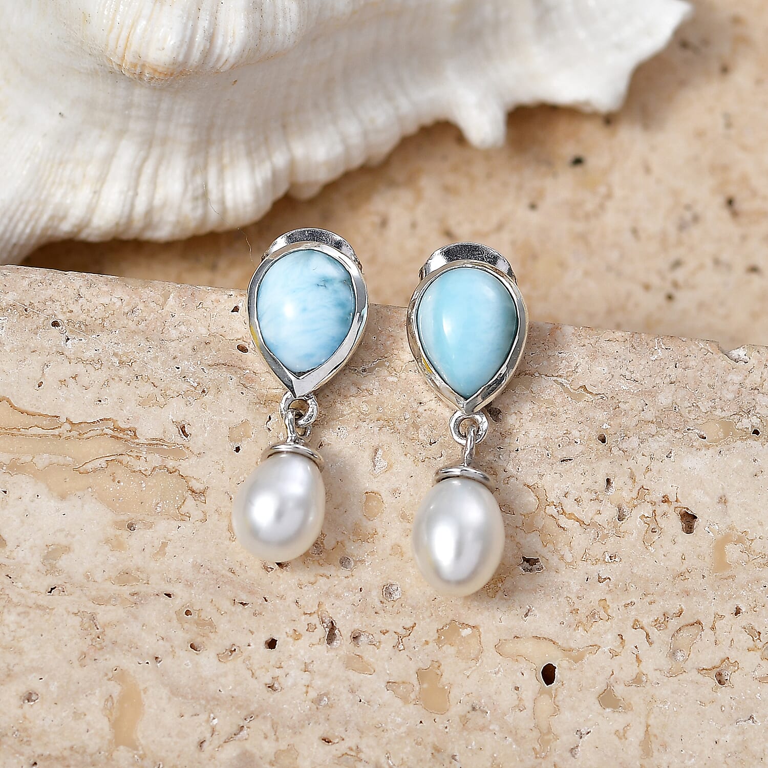 D'Joy - Larimar & Fresh Water Pearl Dangling Earring with Push Post in Platinum Overlay Sterling Silver 7.90 Ct.
