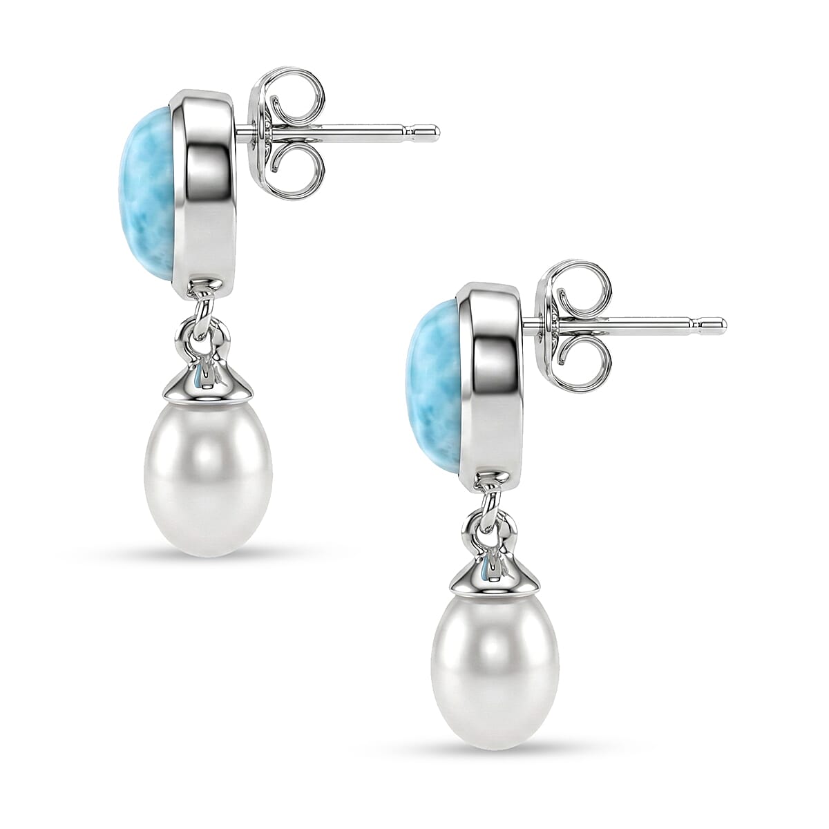 D'Joy - Larimar & Fresh Water Pearl Dangling Earring with Push Post in Platinum Overlay Sterling Silver 7.90 Ct.