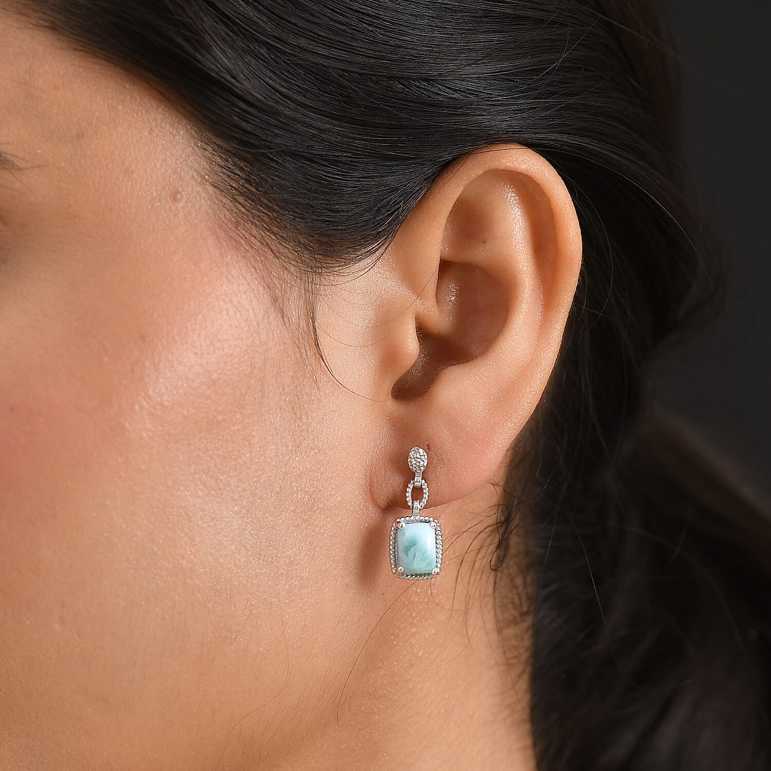 D'Joy - Larimar Dangling Earring with Push Post in Platinum Overlay Sterling Silver 3.94 Ct.
