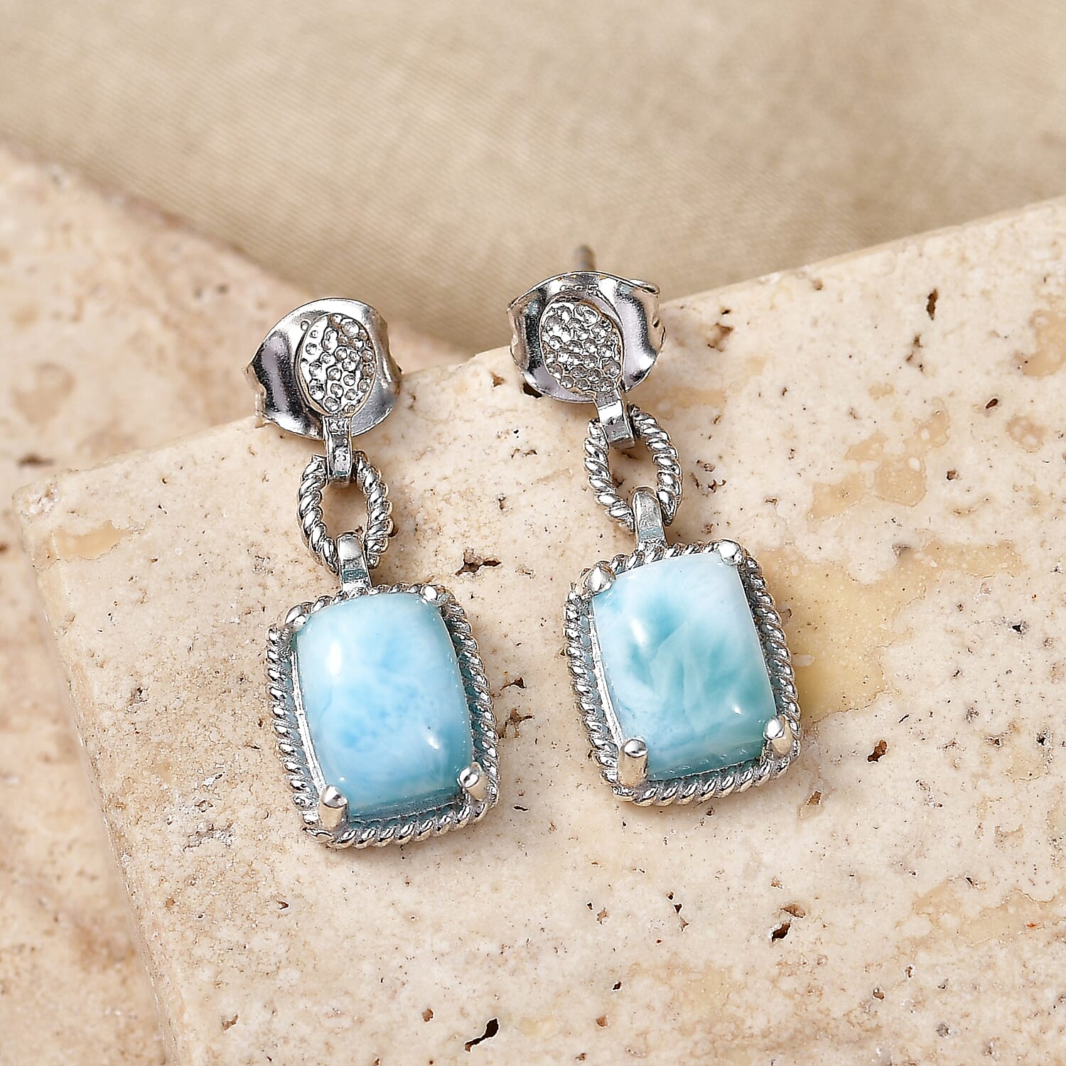 D'Joy - Larimar Dangling Earring with Push Post in Platinum Overlay Sterling Silver 3.94 Ct.