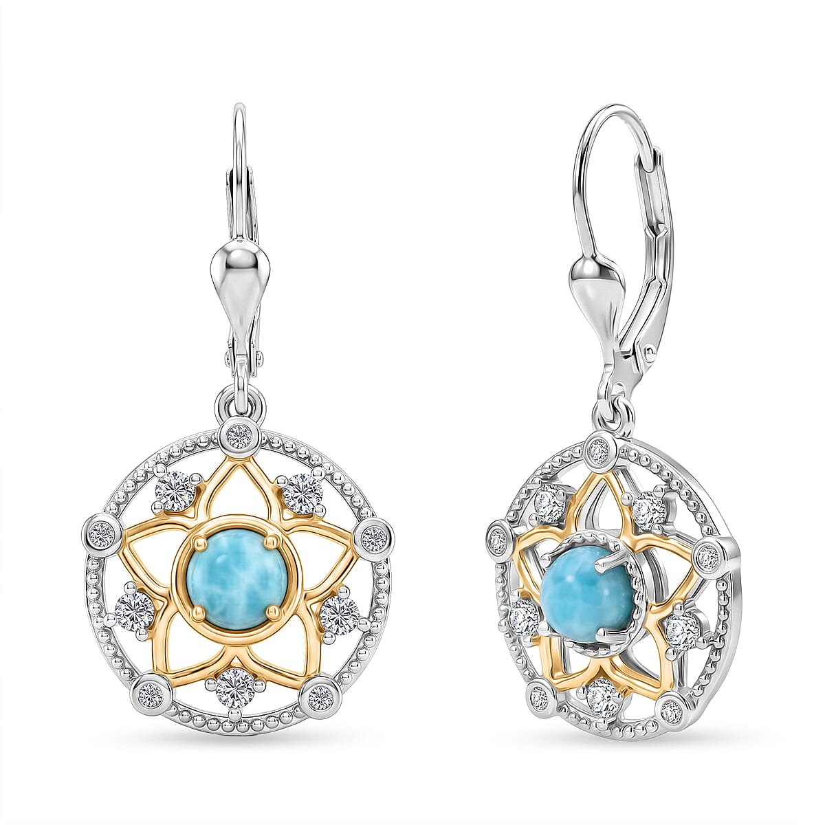 D'Joy - Larimar & White Zircon Earring with Lever Back in Platinum Overlay & Yellow Gold Plated Sterling Silver 2.00 Ct.