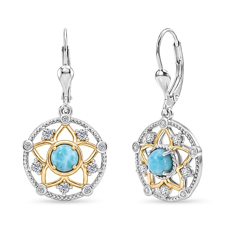 D'Joy - Larimar & White Zircon Earring with Lever Back in Platinum Overlay & Yellow Gold Plated Sterling Silver 2.00 Ct.