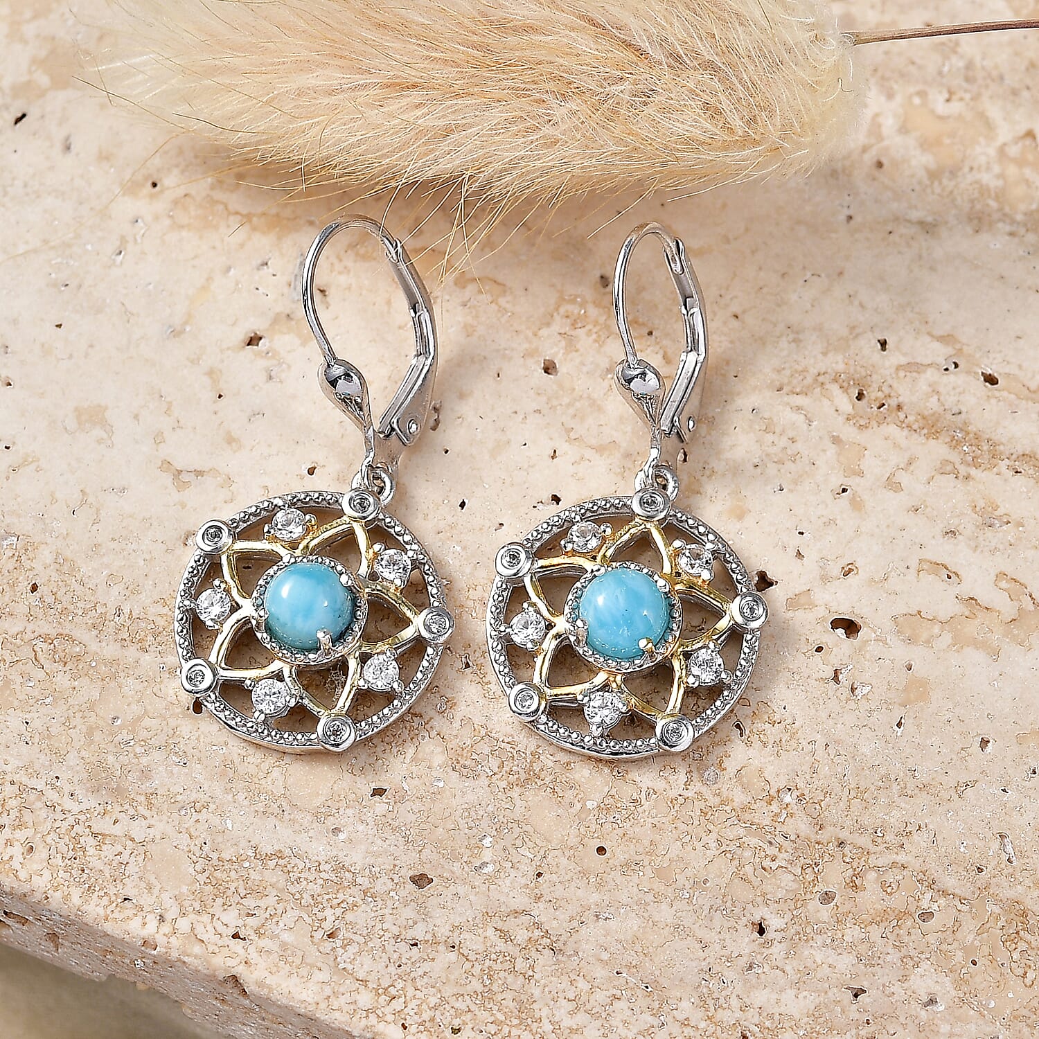 D'Joy - Larimar & White Zircon Earring with Lever Back in Platinum Overlay & Yellow Gold Plated Sterling Silver 2.00 Ct.