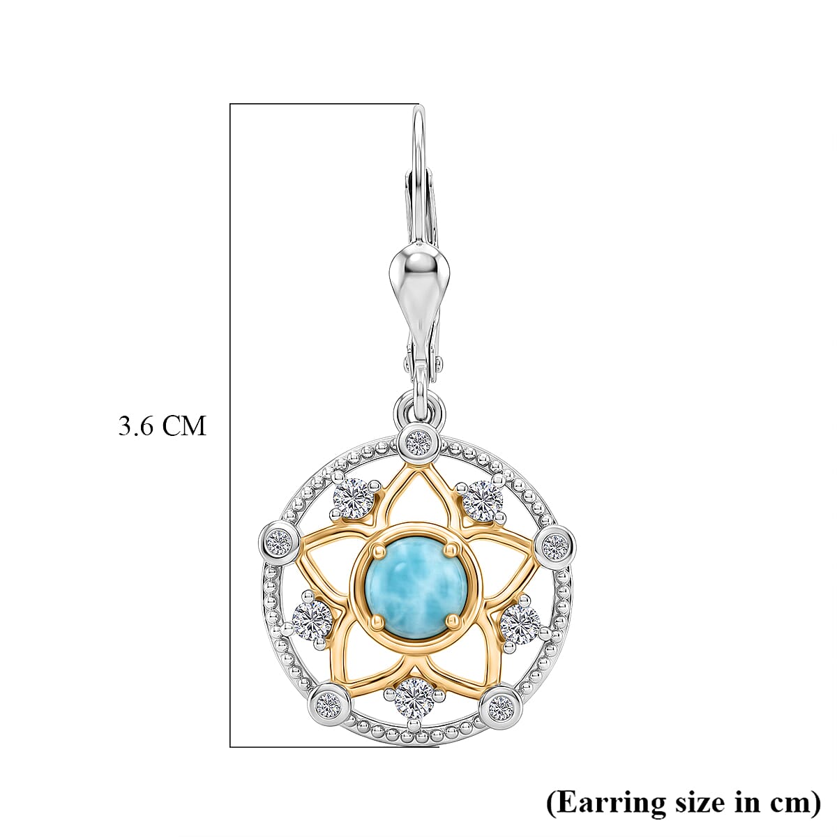 D'Joy - Larimar & White Zircon Earring with Lever Back in Platinum Overlay & Yellow Gold Plated Sterling Silver 2.00 Ct.