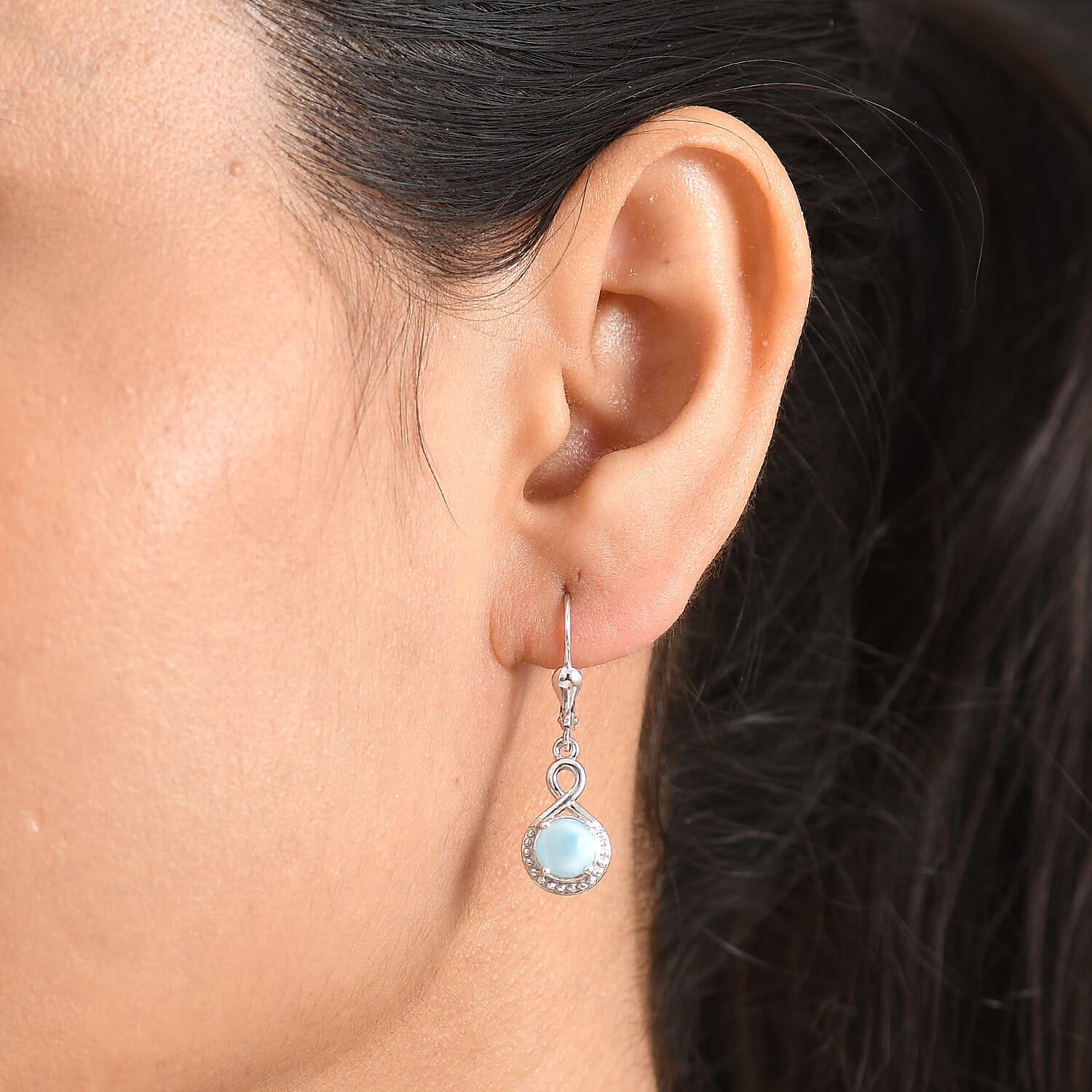D'Joy - Larimar Solitaire Lever Back Earring in Platinum Overlay Sterling Silver 2.21 Ct.