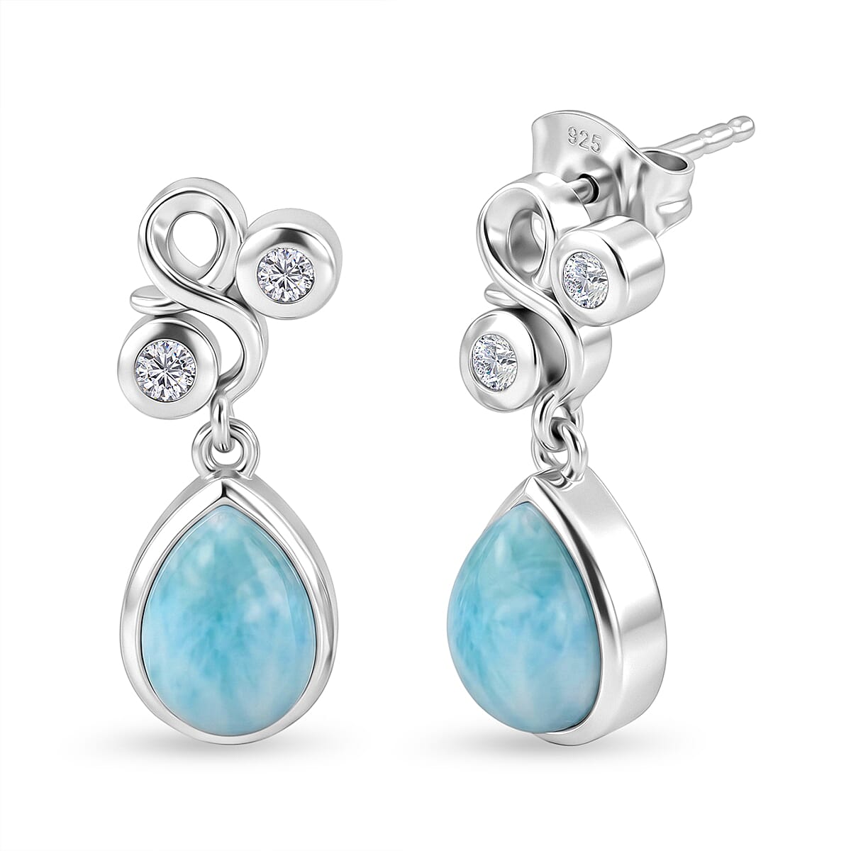 D'Joy - Larimar & Skyblue Topaz Dangling Earring with Push Post in Platinum Overlay Sterling Silver 3.00 Ct.