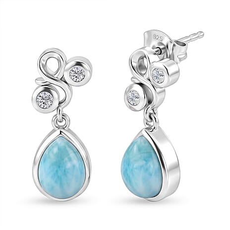 D'Joy - Larimar & Skyblue Topaz Dangling Earring with Push Post in Platinum Overlay Sterling Silver 3.00 Ct.