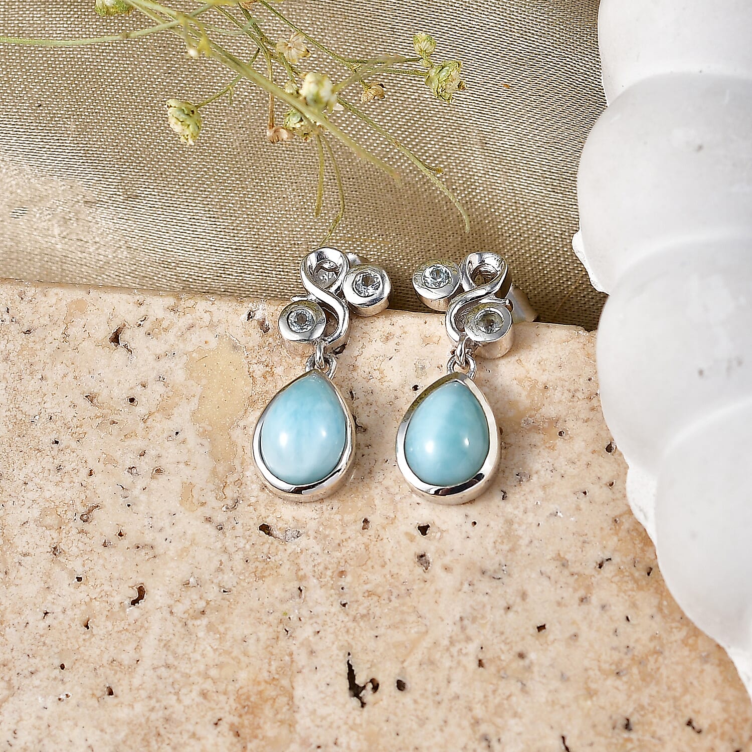 D'Joy - Larimar & Skyblue Topaz Dangling Earring with Push Post in Platinum Overlay Sterling Silver 3.00 Ct.