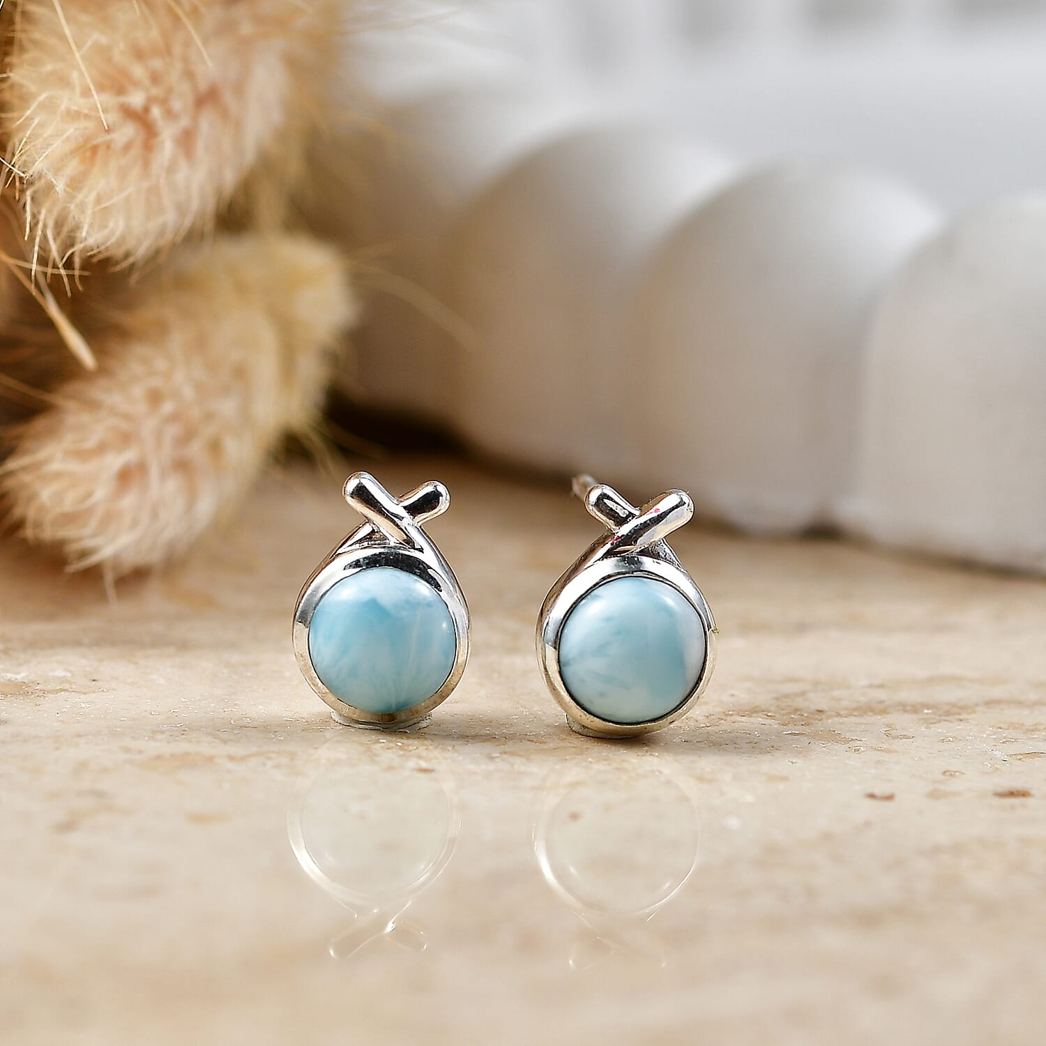 D'Joy - Larimar Solitaire Stud Push Post Earring in Platinum Overlay Sterling Silver 2.20 Ct.