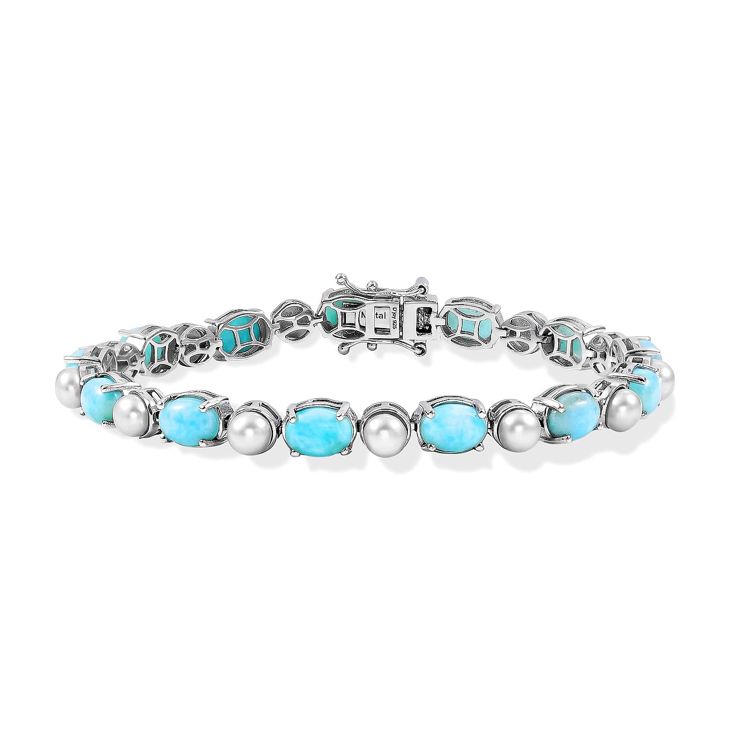 D'Joy - Larimar & Fresh Water Pearl (4.5-5mm) Tennis Bracelet (Size - 7) with GB Lock Box in Rhodium Overlay Sterling Silver 19.65 Ct, Silver Wt.10.40 Gms