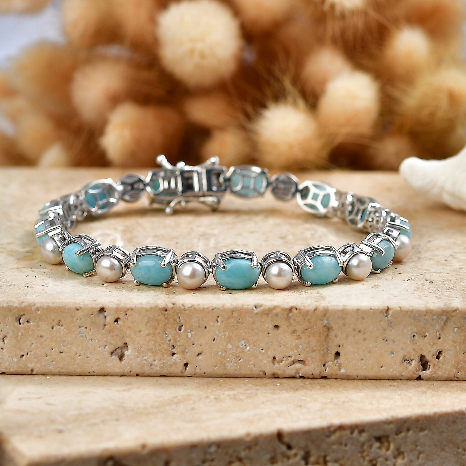 D'Joy - Larimar & Fresh Water Pearl (4.5-5mm) Tennis Bracelet (Size - 7) with GB Lock Box in Rhodium Overlay Sterling Silver 19.65 Ct, Silver Wt.10.40 Gms