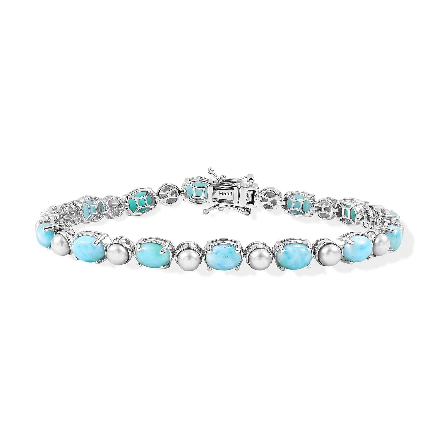 D'Joy - Larimar & Fresh Water Pearl Tennis Bracelet (Size - 8) with GB Lock Box in Rhodium Overlay Sterling Silver 20.80 Ct, Silver Wt.11.27 Gms