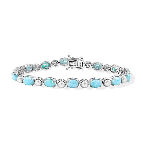 D'Joy - Larimar & Fresh Water Pearl Tennis Bracelet (Size - 8) with GB Lock Box in Rhodium Overlay Sterling Silver 20.80 Ct, Silver Wt.11.27 Gms