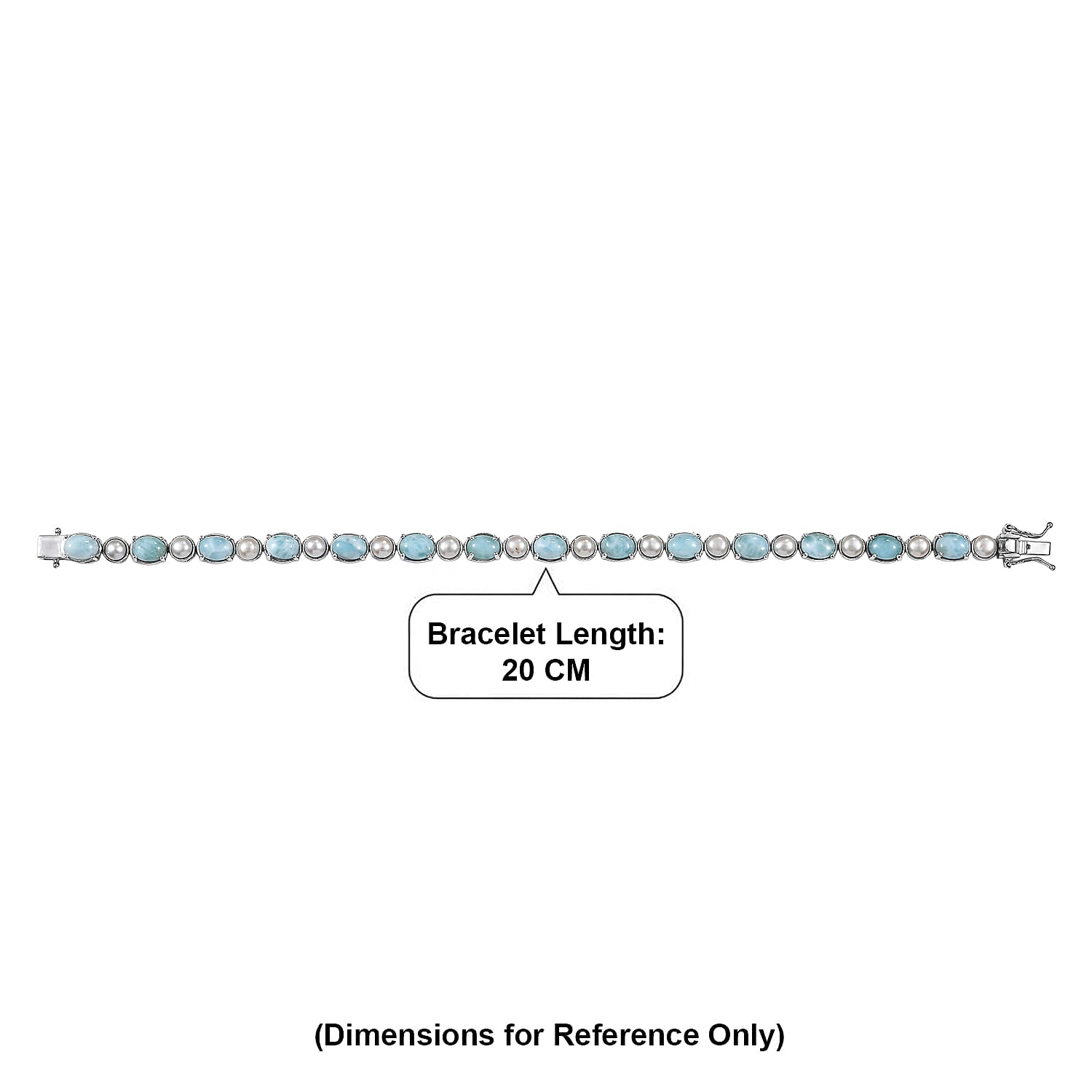 D'Joy - Larimar & Fresh Water Pearl Tennis Bracelet (Size - 8) with GB Lock Box in Rhodium Overlay Sterling Silver 20.80 Ct, Silver Wt.11.27 Gms