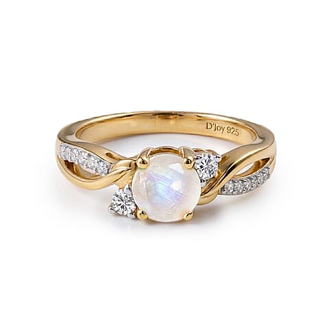 Royal Bali Collection - D'Joy Rainbow Moonstone Glow & Moissanite Ring in 18K Vermeil Yellow Gold Plated Sterling Silver