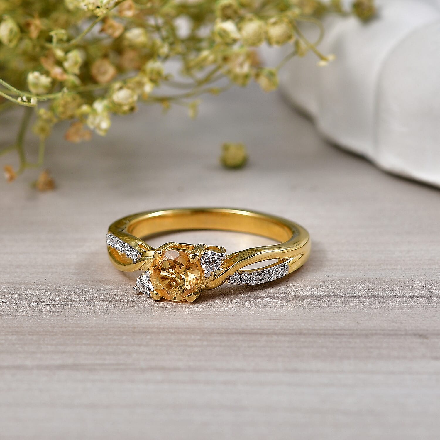 Royal Bali Collection - D'Joy Citrine & Moissanite Ring in 18K Vermeil Yellow Gold Plated Sterling Silver
