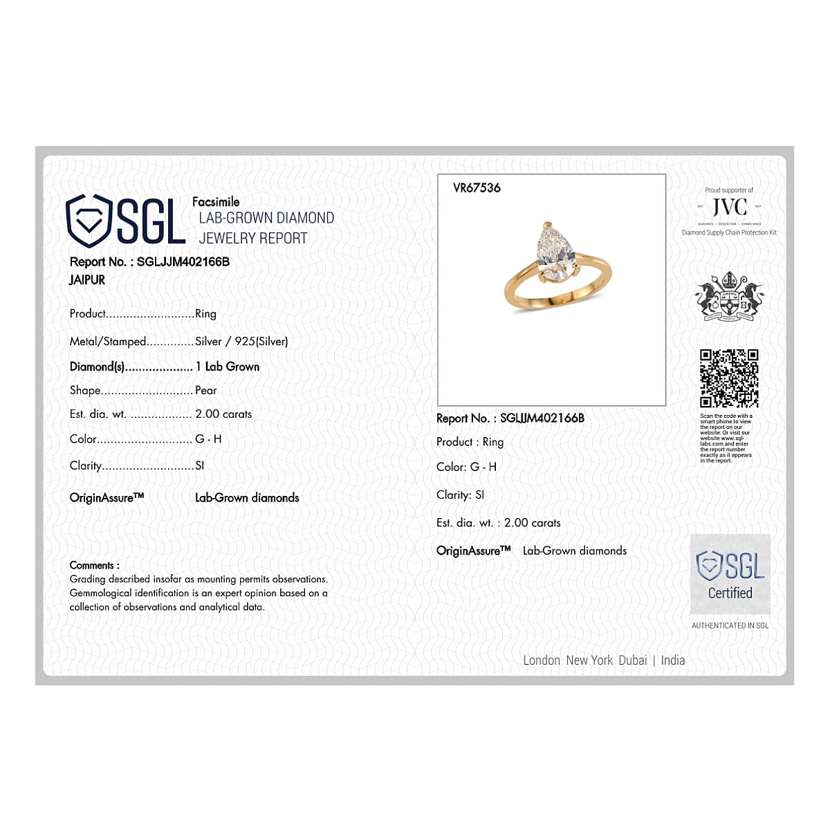 LUXURIANT 2 Ct. SGL Certified Lab Grown Diamond (SI/G-H) Solitaire Ring in Sterling Silver