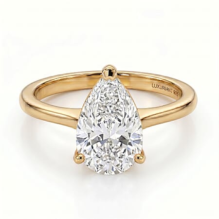 LUXURIANT 2 Ct. Lab Grown Diamond Pear Cut Solitaire Ring in 18K Vermeil Yellow Gold Over Sterling Silver SGL Certified