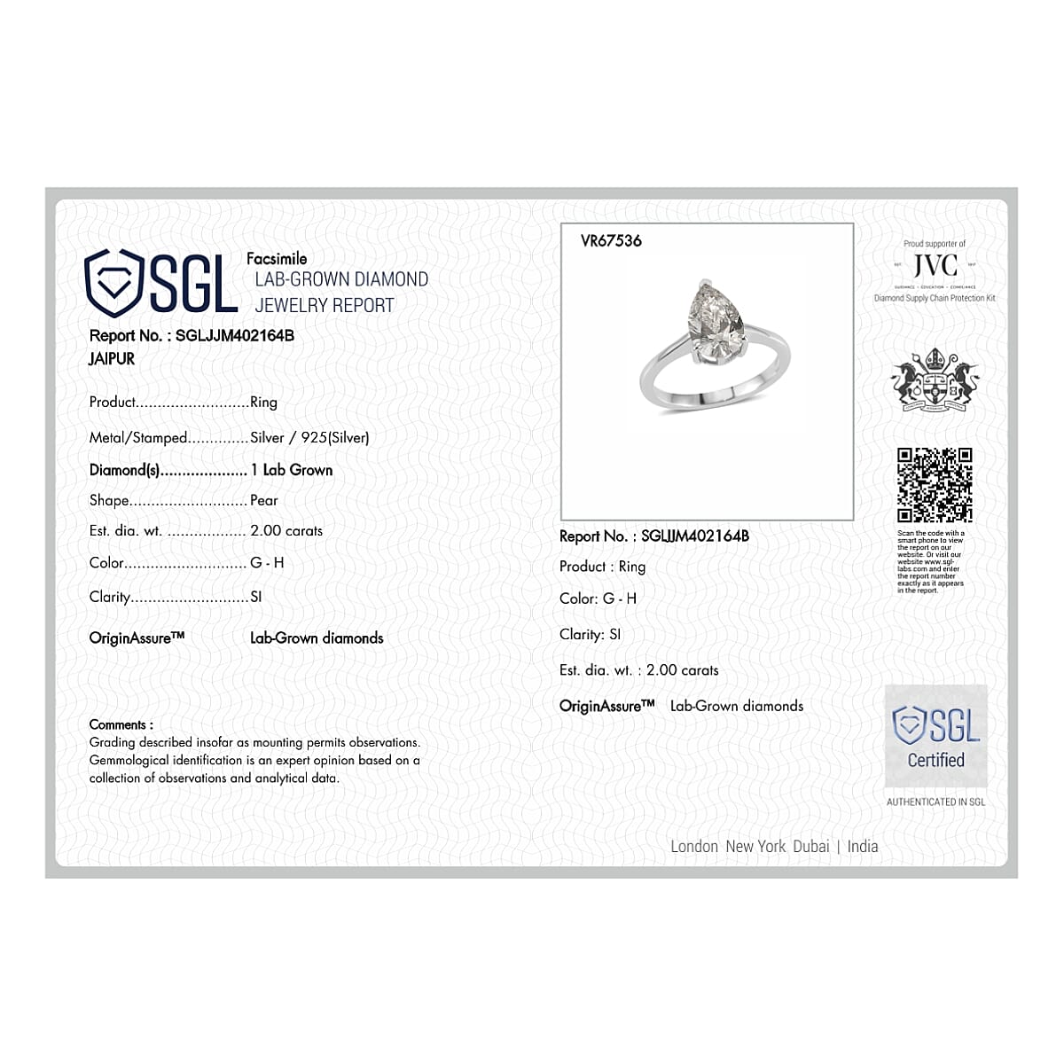 LUXURIANT 2 Ct. SGL Certified Lab Grown Diamond (SI/G-H) Solitaire Ring in Sterling Silver