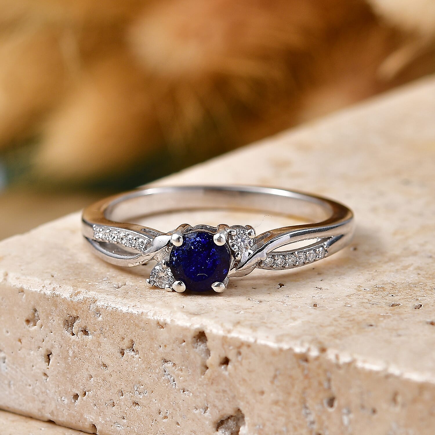 Royal Bali Collection - D'Joy Masoala Sapphire & Moissanite Ring in Rhodium Overlay Sterling Silver