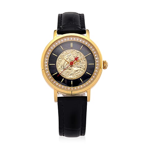 William Hunt 3D Horse Ronda 763 Swiss Movement 5ATM WR Black MOP Lab Diamond Dial & IPG 304 Stainless Steel Case Womens Watch with Black Leather Strap