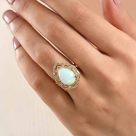 Luxuriant - Ethiopian Opal & Lab Grown Multi-Diamond (SI-G-H) Halo Ring in 18K Vermeil Yellow Gold Plated Sterling Silver 4.15 Ct.
