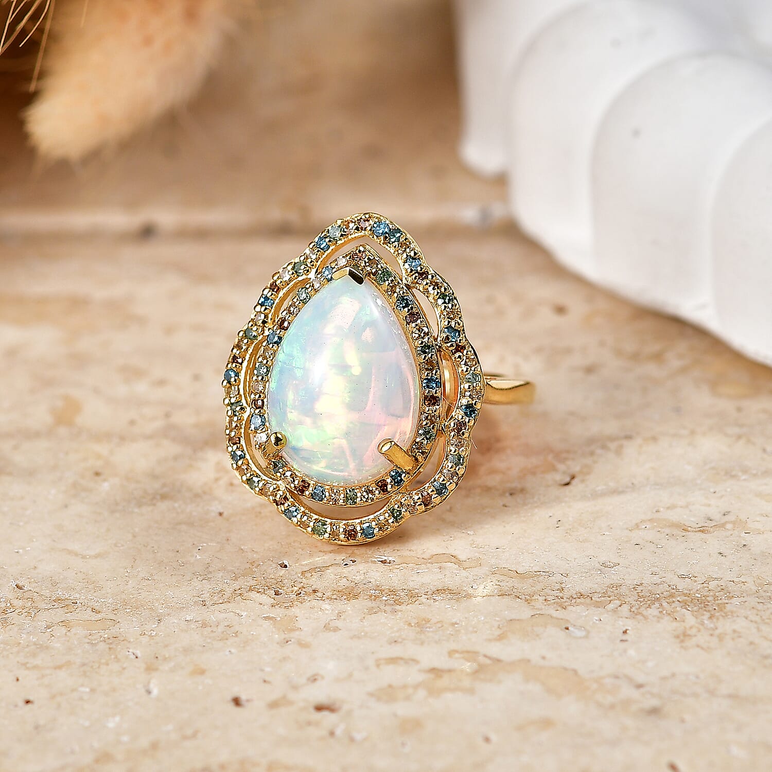 Luxuriant - Ethiopian Opal & Lab Grown Multi-Diamond (SI-G-H) Halo Ring in 18K Vermeil Yellow Gold Plated Sterling Silver 4.15 Ct.