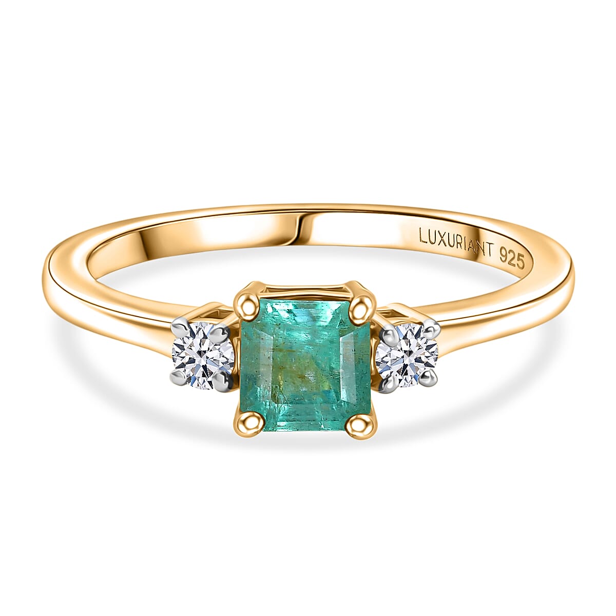Luxuriant - Zambian Emerald & Lab Grown Diamond (SI-G-H) Solitaire Ring in 18K Vermeil Yellow Gold Plated Sterling Silver 0.78 Ct.