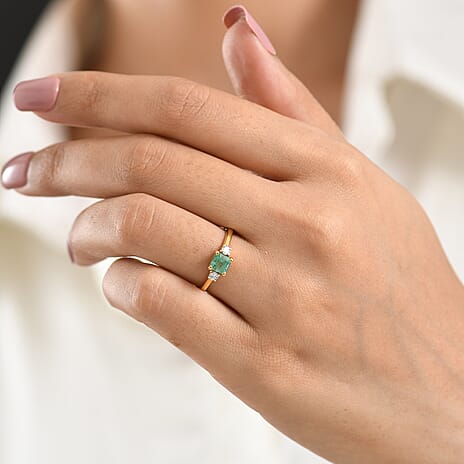 Luxuriant - Zambian Emerald & Lab Grown Diamond (SI-G-H) Solitaire Ring in 18K Vermeil Yellow Gold Plated Sterling Silver 0.78 Ct.