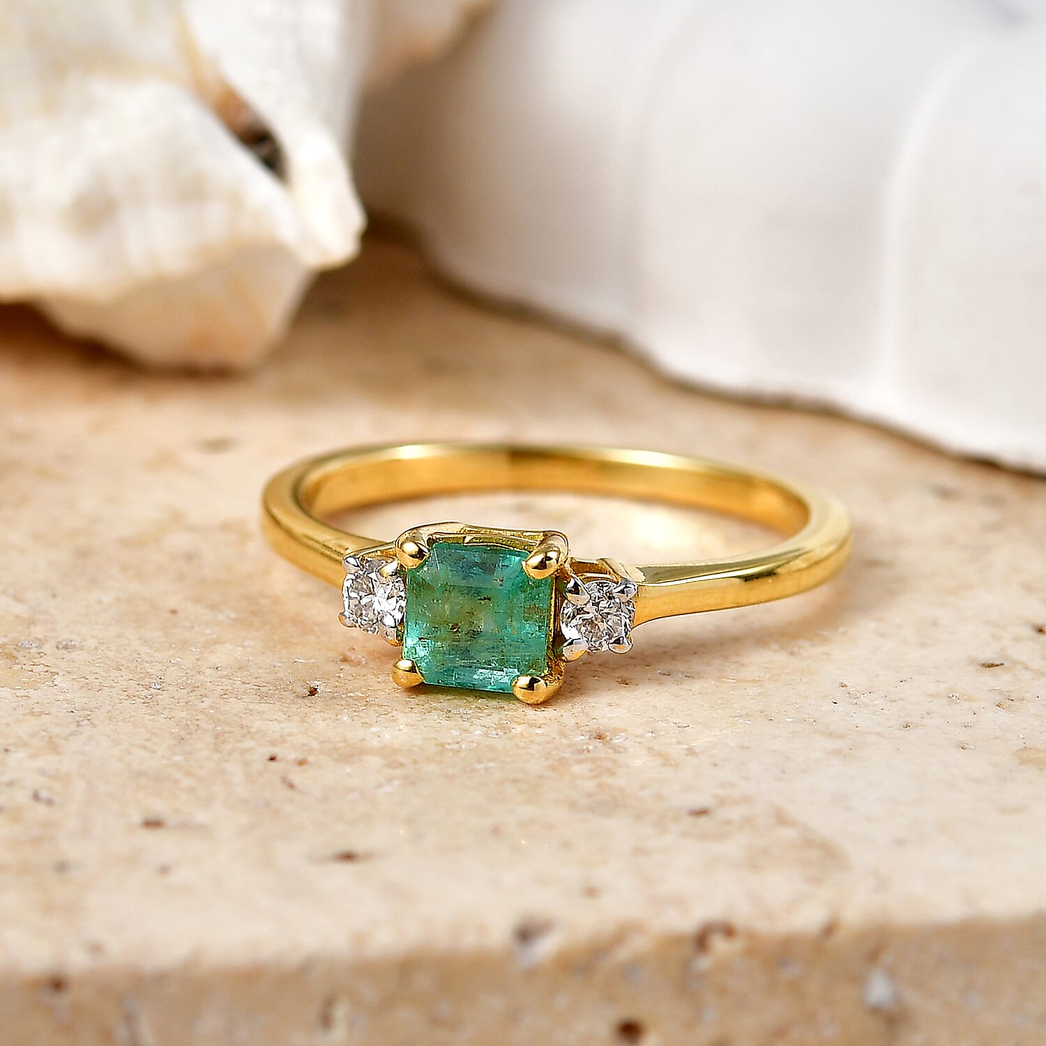 Luxuriant - Zambian Emerald & Lab Grown Diamond (SI-G-H) Solitaire Ring in 18K Vermeil Yellow Gold Plated Sterling Silver 0.78 Ct.