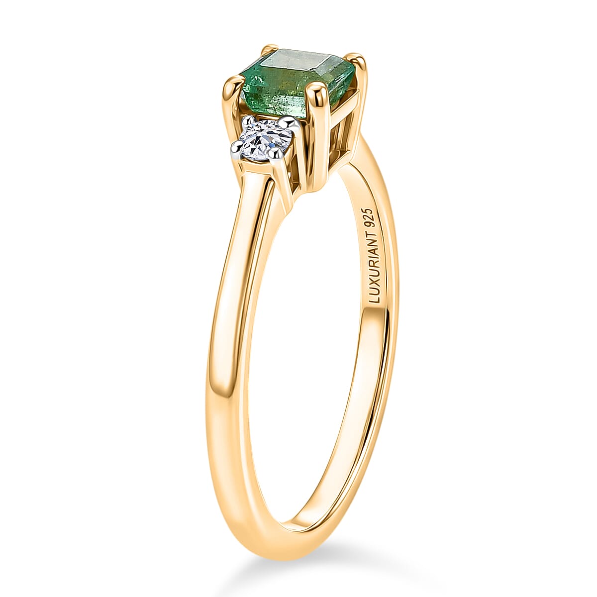 Luxuriant - Zambian Emerald & Lab Grown Diamond (SI-G-H) Solitaire Ring in 18K Vermeil Yellow Gold Plated Sterling Silver 0.78 Ct.