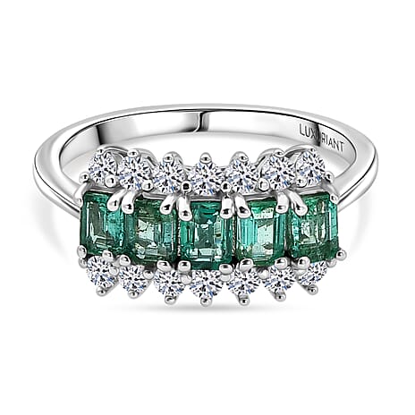 Luxuriant Zambian Emerald, Lab Grown Diamond 5 Stone Ring in Rhodium OverlaySterling Silver  1.487  Ct.