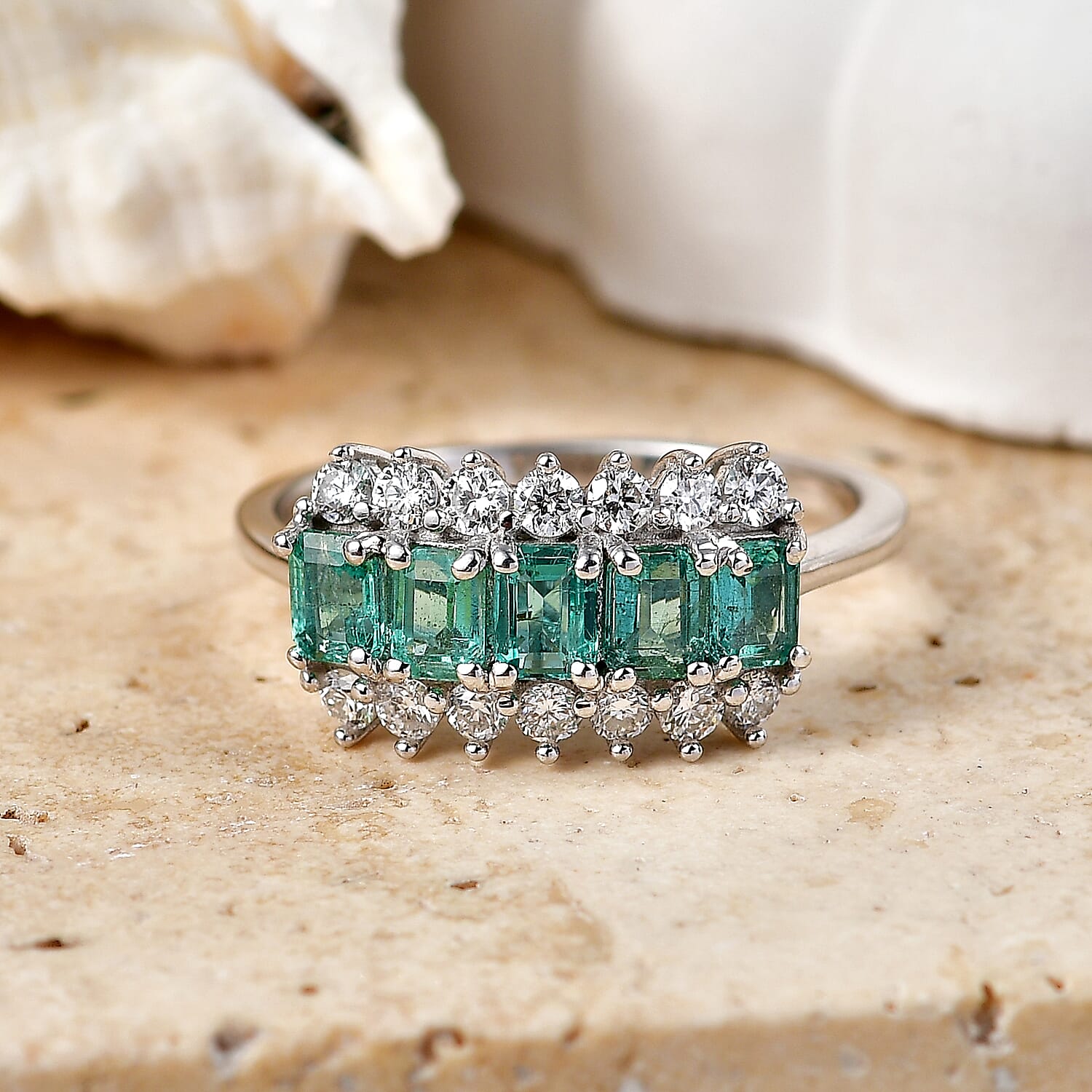 Luxuriant Zambian Emerald, Lab Grown Diamond 5 Stone Ring in Rhodium OverlaySterling Silver  1.487  Ct.