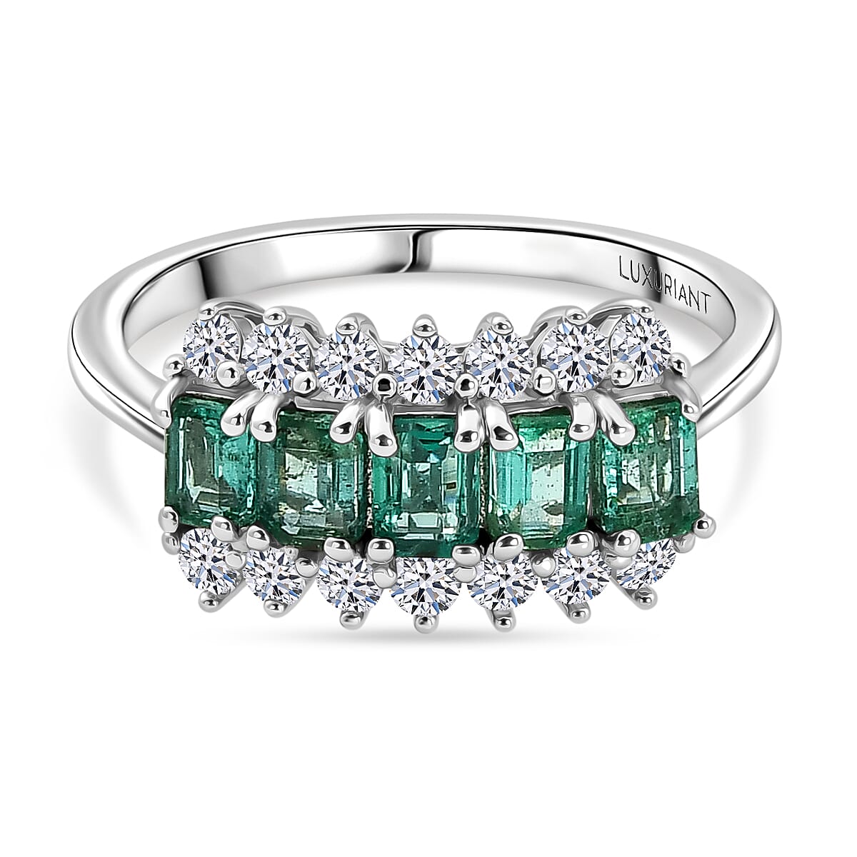 Luxuriant Zambian Emerald, Lab Grown Diamond 5 Stone Ring in Rhodium OverlaySterling Silver  1.487  Ct.