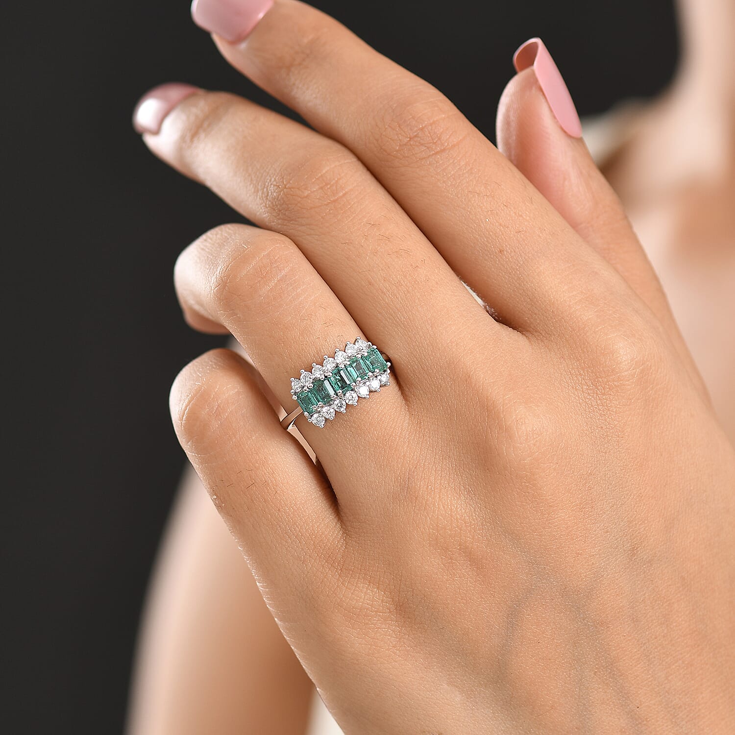 Luxuriant Zambian Emerald, Lab Grown Diamond 5 Stone Ring in Rhodium OverlaySterling Silver  1.487  Ct.