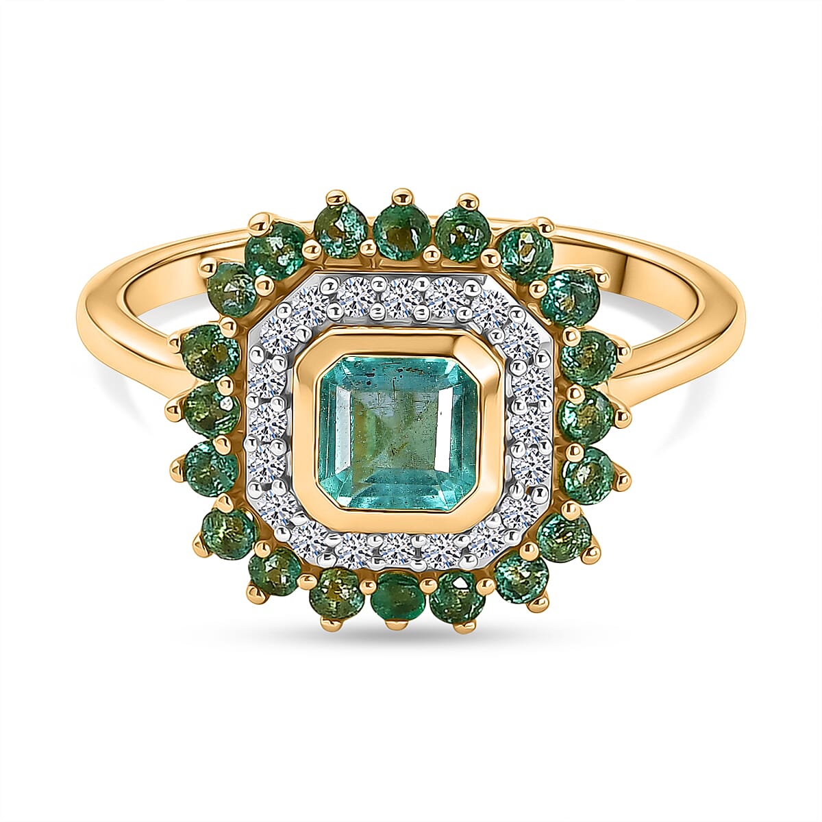 Luxuriant - AAA Gemfields Zambian Emerald & Lab Grown Diamond (SI-G-H) Halo Ring in 18K Vermeil Yellow Gold Plated Sterling Silver 1.30 Ct.