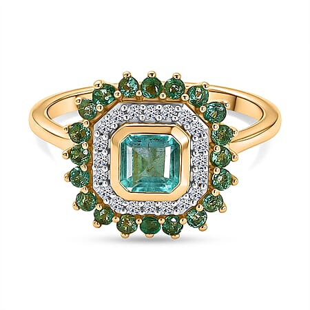 Luxuriant - AAA Gemfields Zambian Emerald & Lab Grown Diamond (SI-G-H) Halo Ring in 18K Vermeil Yellow Gold Plated Sterling Silver 1.30 Ct. Luxuriant - AAA Gemfields Zambian Emerald & Lab Grown Diamond (SI-G-H) Halo Ring in 18K Vermeil Yellow Gold Plated Sterling Silver 1.30 Ct.