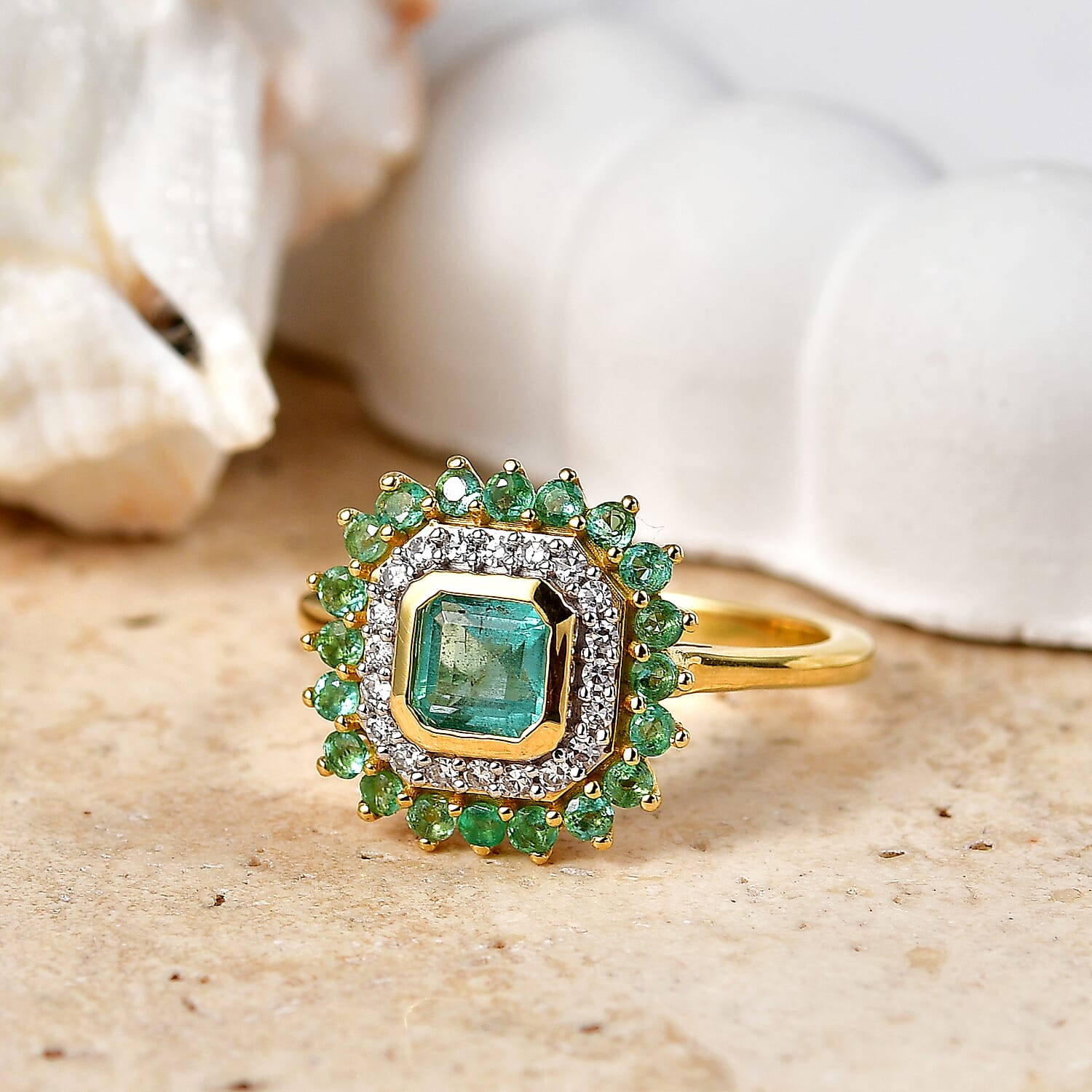 Luxuriant - AAA Gemfields Zambian Emerald & Lab Grown Diamond (SI-G-H) Halo Ring in 18K Vermeil Yellow Gold Plated Sterling Silver 1.30 Ct.
