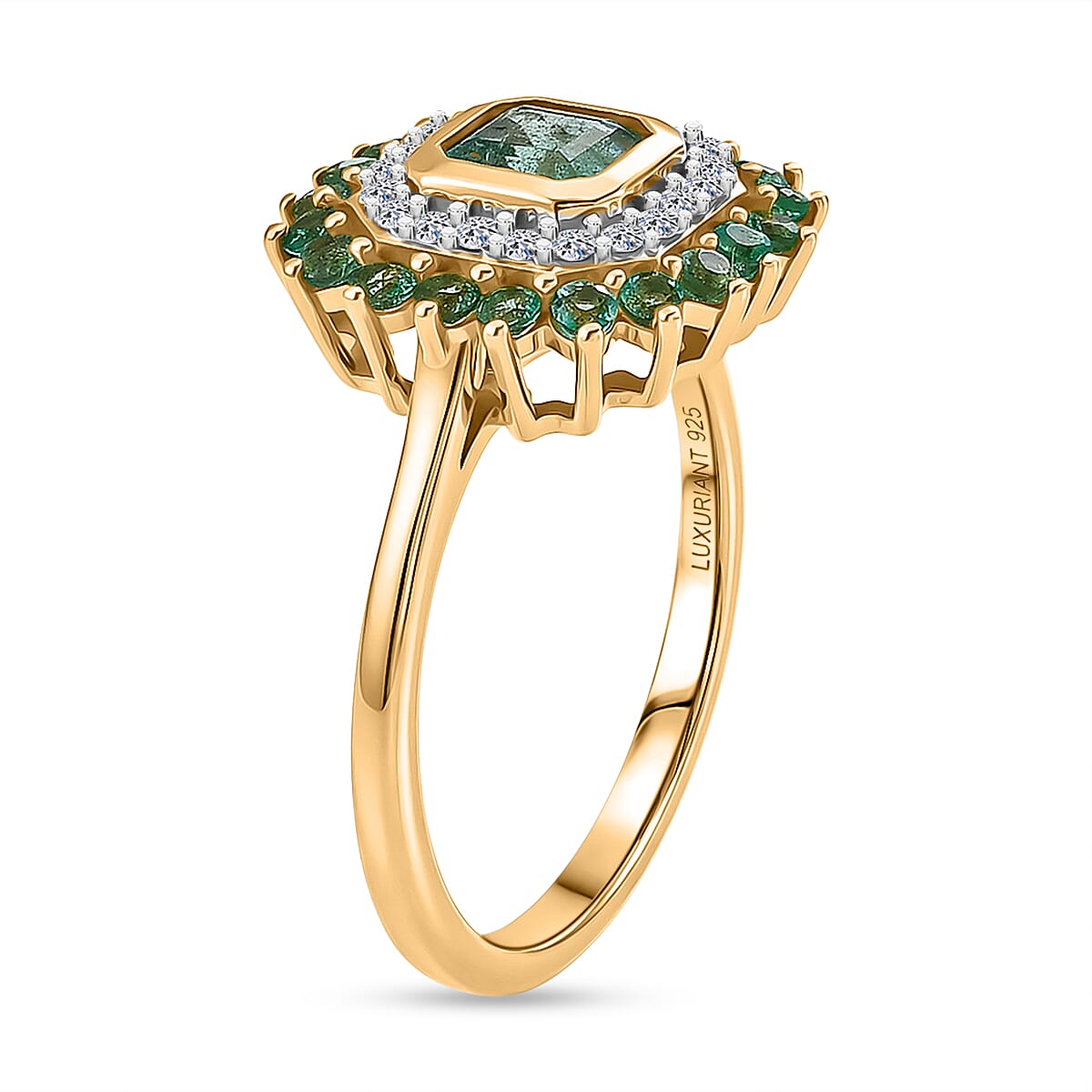 Luxuriant - AAA Gemfields Zambian Emerald & Lab Grown Diamond (SI-G-H) Halo Ring in 18K Vermeil Yellow Gold Plated Sterling Silver 1.30 Ct.