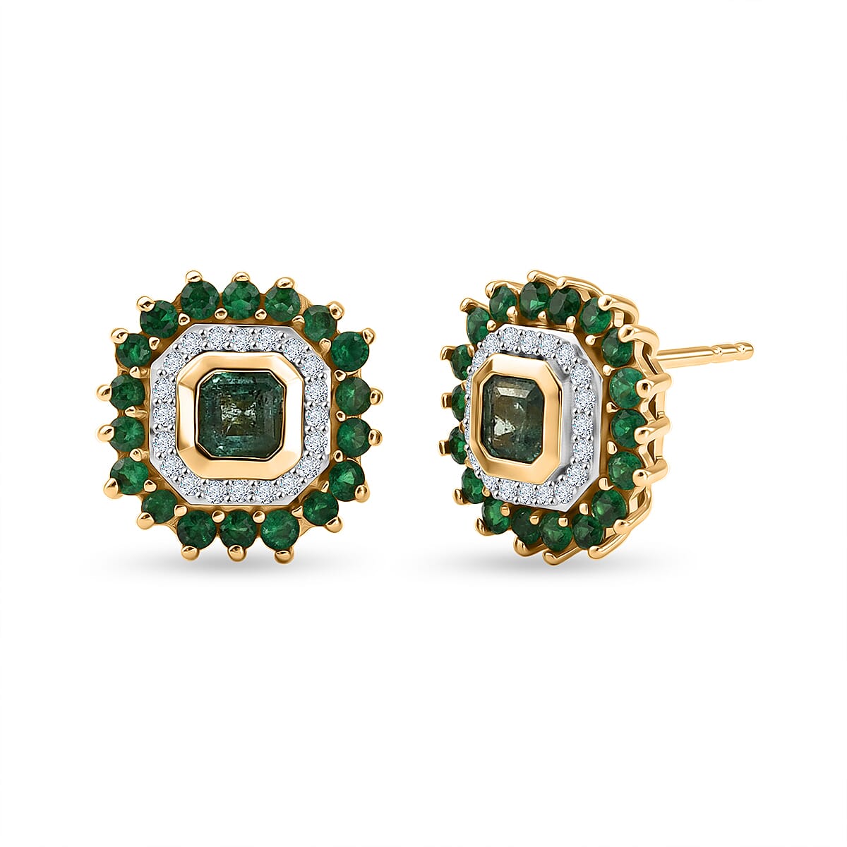 Luxuriant - AAA Gemfields Zambian Emerald & Lab Grown Diamond (SI-G-H) Cluster Halo Earring with Push Post in 18K Vermeil Yellow Gold Plated Sterling Silver 1.86 Ct.
