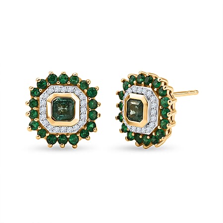 Luxuriant - AAA Gemfields Zambian Emerald & Lab Grown Diamond (SI-G-H) Cluster Halo Earring with Push Post in 18K Vermeil Yellow Gold Plated Sterling Silver 1.86 Ct. Luxuriant - AAA Gemfields Zambian Emerald & Lab Grown Diamond (SI-G-H) Cluster Halo Earring with Push Post in 18K Vermeil Yellow Gold Plated Sterling Silver 1.86 Ct.