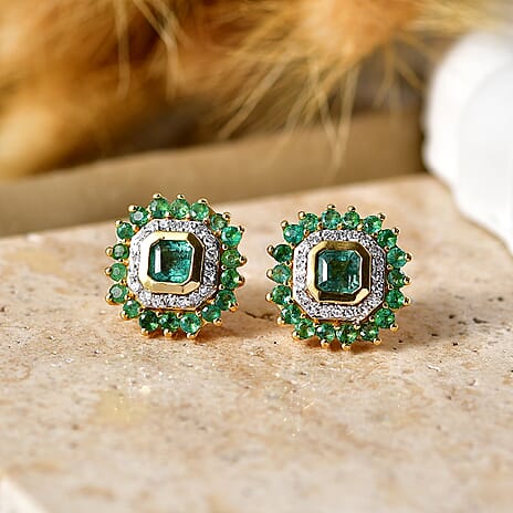 Luxuriant - AAA Gemfields Zambian Emerald & Lab Grown Diamond (SI-G-H) Cluster Halo Earring with Push Post in 18K Vermeil Yellow Gold Plated Sterling Silver 1.86 Ct.