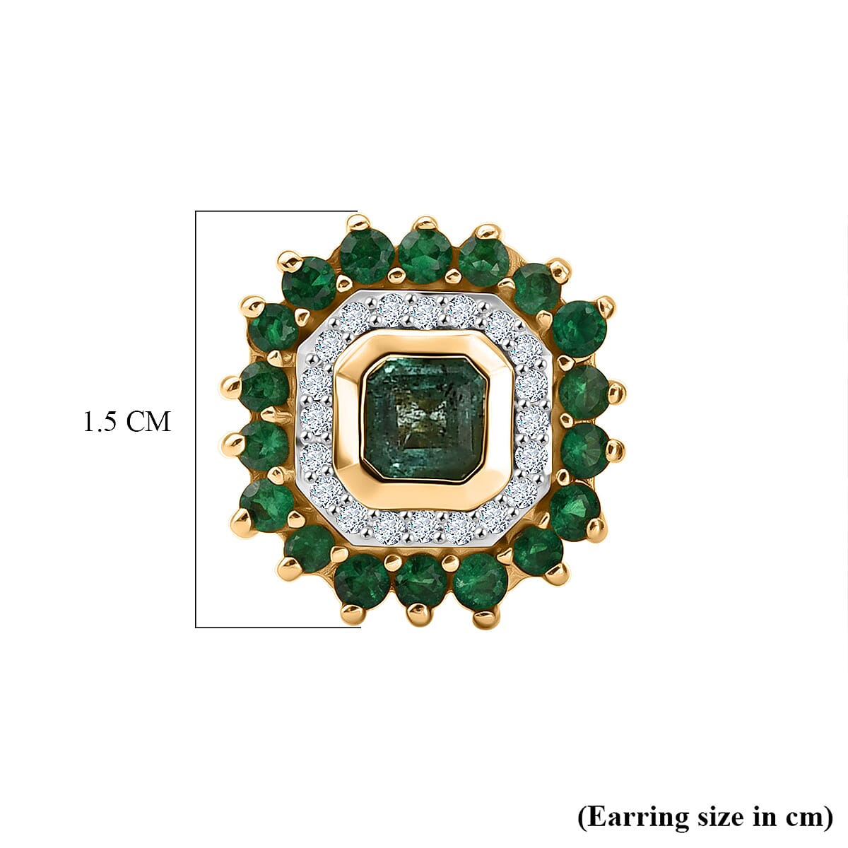 Luxuriant - AAA Gemfields Zambian Emerald & Lab Grown Diamond (SI-G-H) Cluster Halo Earring with Push Post in 18K Vermeil Yellow Gold Plated Sterling Silver 1.86 Ct.
