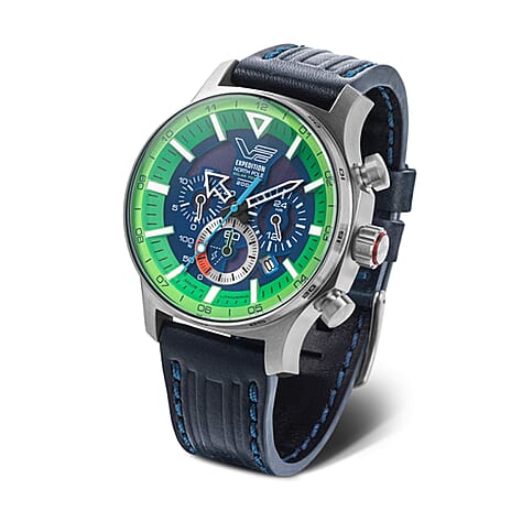 Vostok Europe Expedition North Pole Solar Power Chronograph Polar Spruce - 47mm Case 20 ATM S.Epson VR42 Solar Powered Quartz Navy Leather Strap and Green Dial VR42-595A733