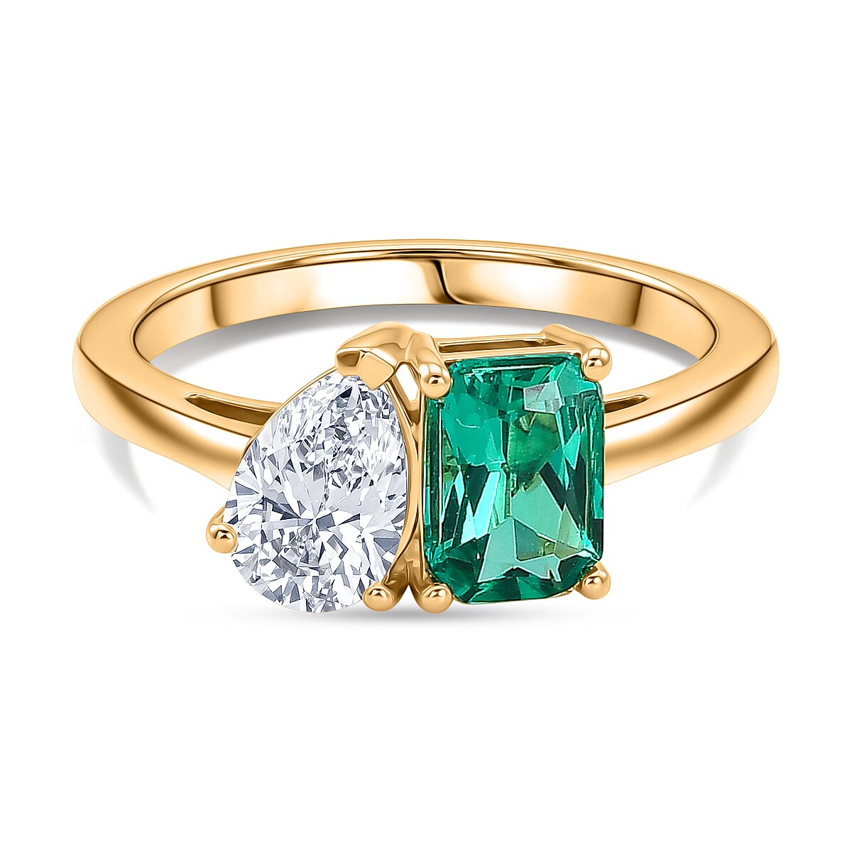 Luxuriant - Lab Grown AAA Columbian Emerald & Lab Grown Diamond (SI-G-H) Toi-et-Moi Ring in 18K Vermeil Yellow Gold Plated Sterling Silver 1.70 Ct.