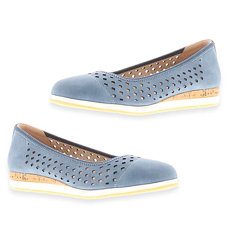 Dr Keller Jilly Ladies Beige Faux Nubuck Leather Cutwork Comfort Casual Slip On Ballerinas (Size 4) - Blue
